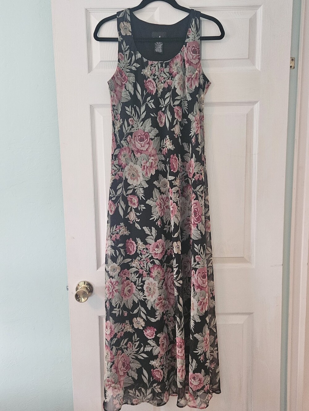 Positive Attitude SZ 10 Vintage Sleeveless Dark Floral A-Line Maxi Dress Lined - Picture 2 of 9